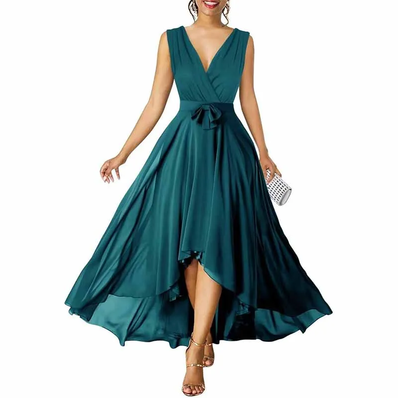 Women Chiffon Bridesmaid Dresses V Neck High Low Prom Evening Gown