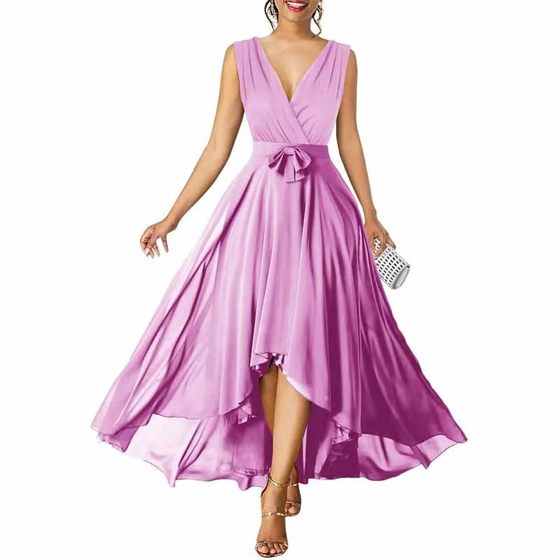 Women Chiffon Bridesmaid Dresses V Neck High Low Prom Evening Gown