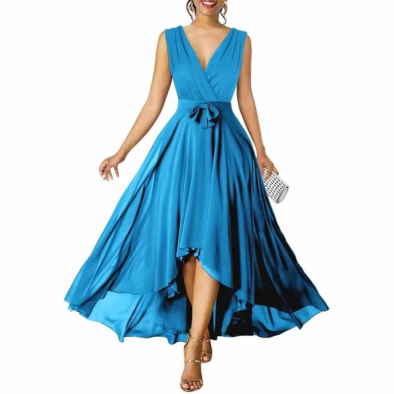 Women Chiffon Bridesmaid Dresses V Neck High Low Prom Evening Gown