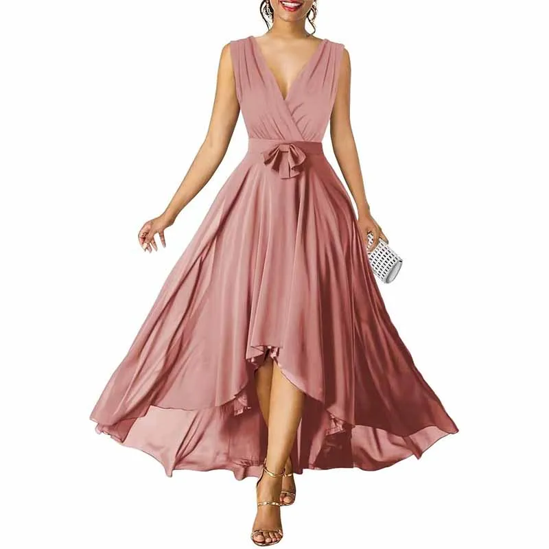 Women Chiffon Bridesmaid Dresses V Neck High Low Prom Evening Gown