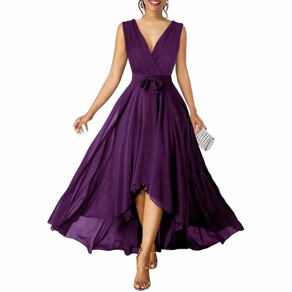 Women Chiffon Bridesmaid Dresses V Neck High Low Prom Evening Gown
