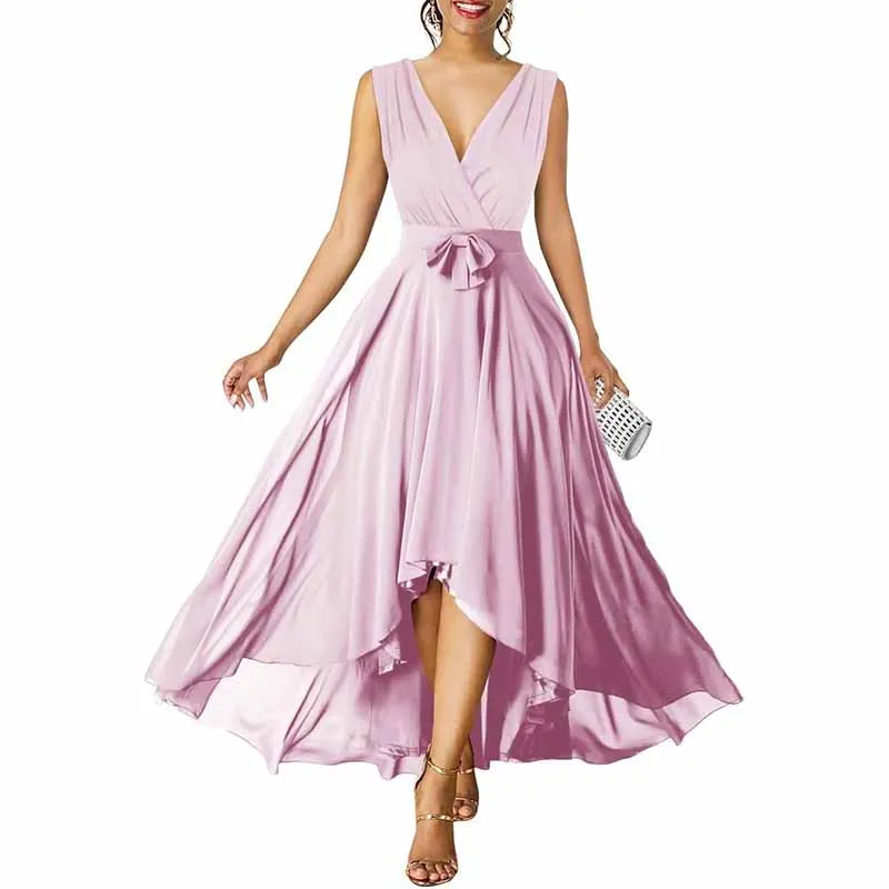 Women Chiffon Bridesmaid Dresses V Neck High Low Prom Evening Gown
