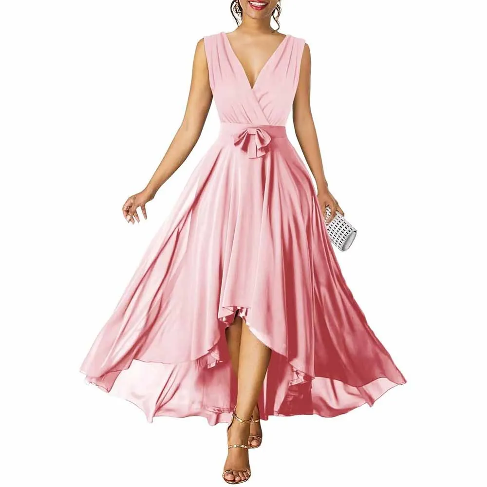 Women Chiffon Bridesmaid Dresses V Neck High Low Prom Evening Gown