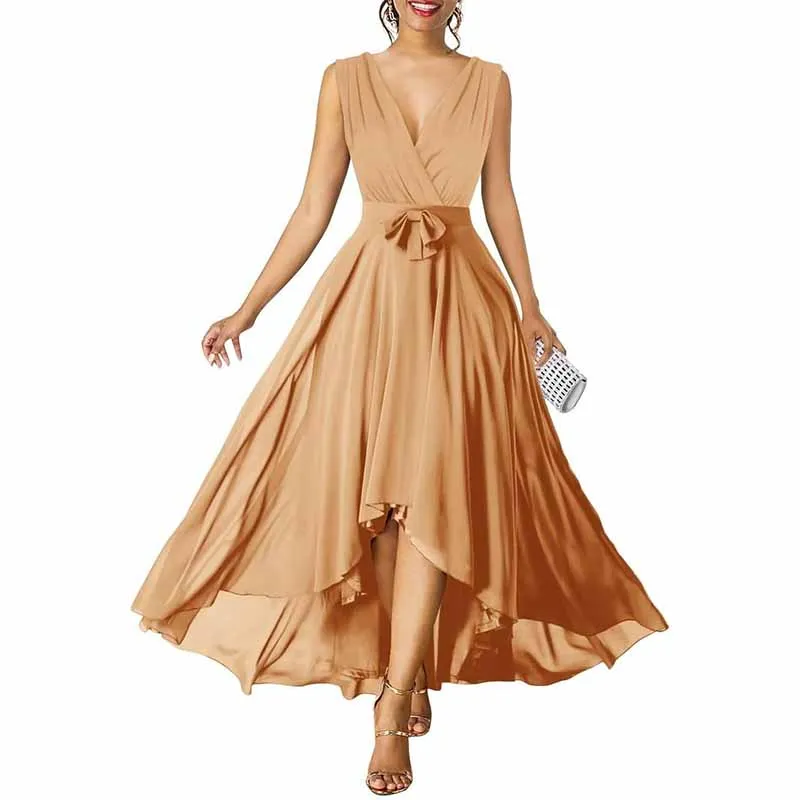 Women Chiffon Bridesmaid Dresses V Neck High Low Prom Evening Gown