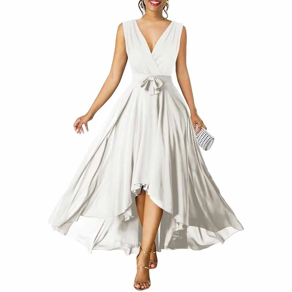 Women Chiffon Bridesmaid Dresses V Neck High Low Prom Evening Gown
