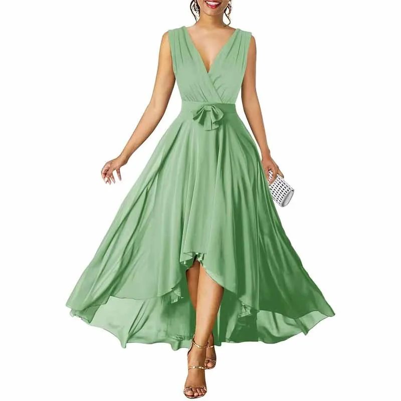 Women Chiffon Bridesmaid Dresses V Neck High Low Prom Evening Gown
