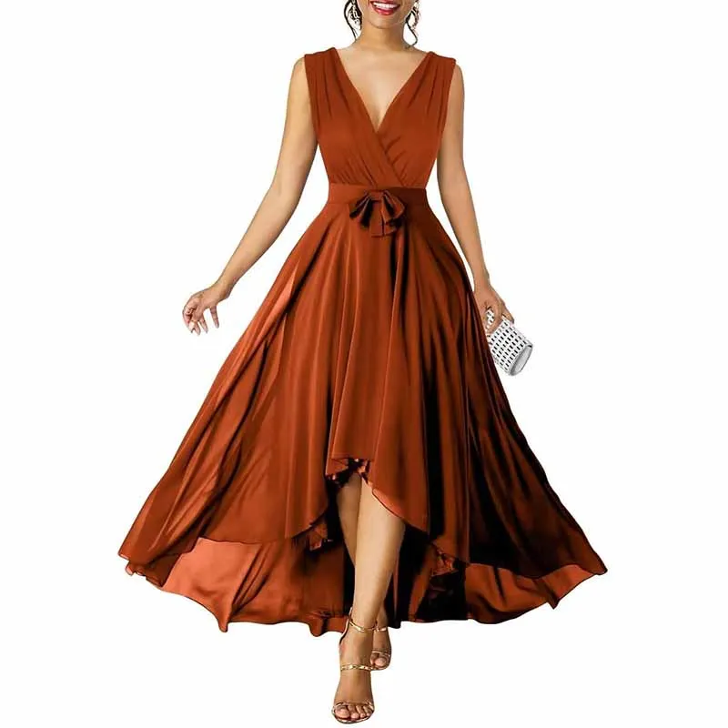 Women Chiffon Bridesmaid Dresses V Neck High Low Prom Evening Gown