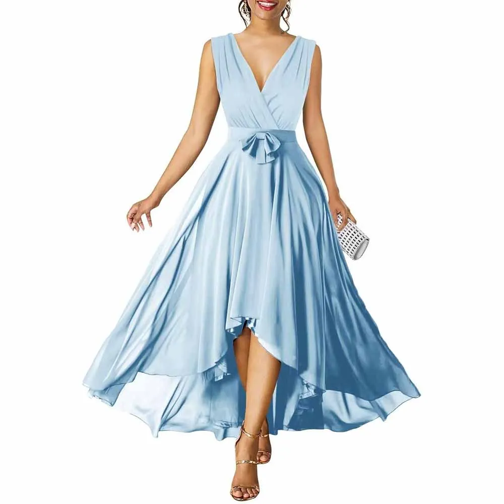 Women Chiffon Bridesmaid Dresses V Neck High Low Prom Evening Gown