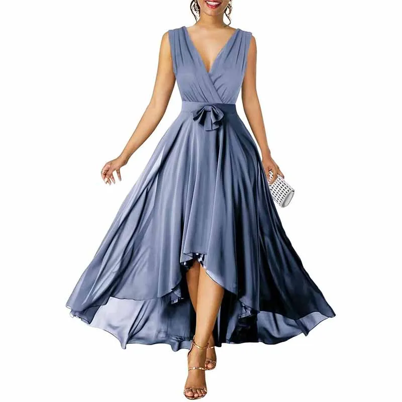 Women Chiffon Bridesmaid Dresses V Neck High Low Prom Evening Gown