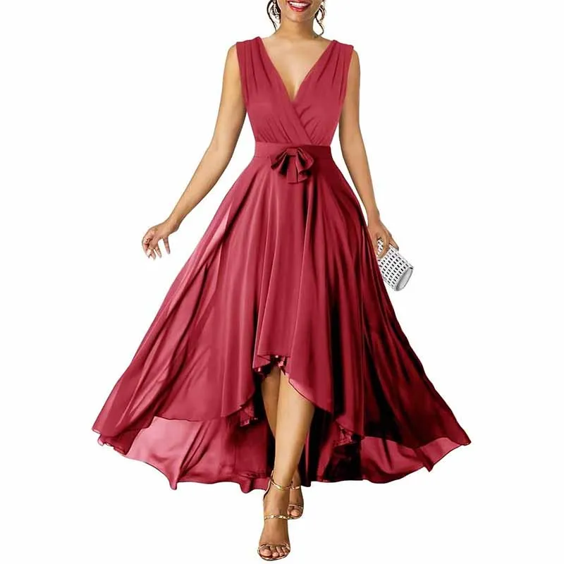 Women Chiffon Bridesmaid Dresses V Neck High Low Prom Evening Gown