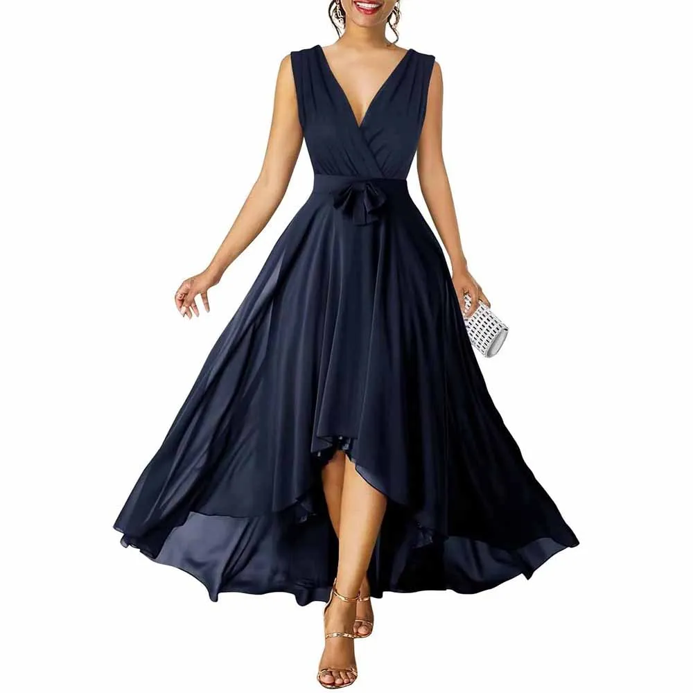 Women Chiffon Bridesmaid Dresses V Neck High Low Prom Evening Gown