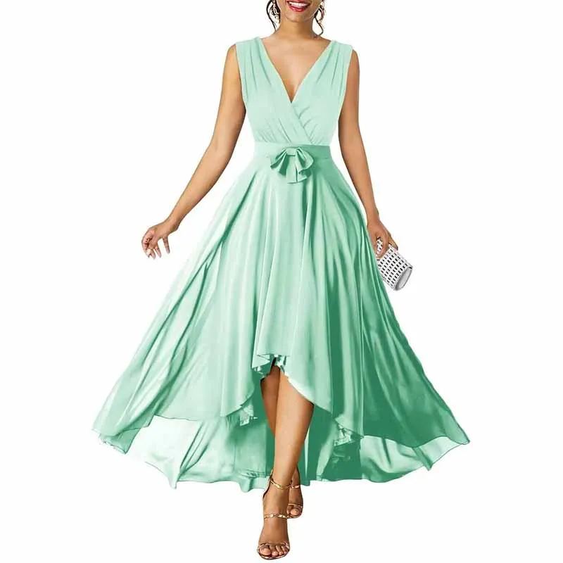 Women Chiffon Bridesmaid Dresses V Neck High Low Prom Evening Gown