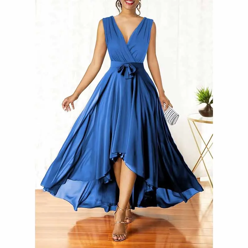 Women Chiffon Bridesmaid Dresses V Neck High Low Prom Evening Gown