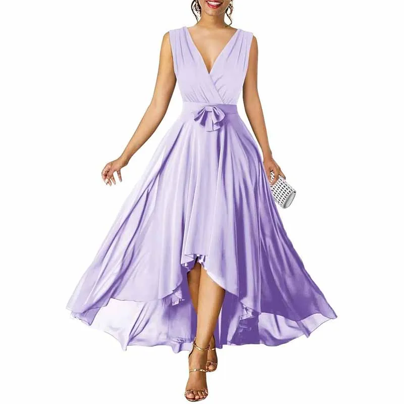 Women Chiffon Bridesmaid Dresses V Neck High Low Prom Evening Gown