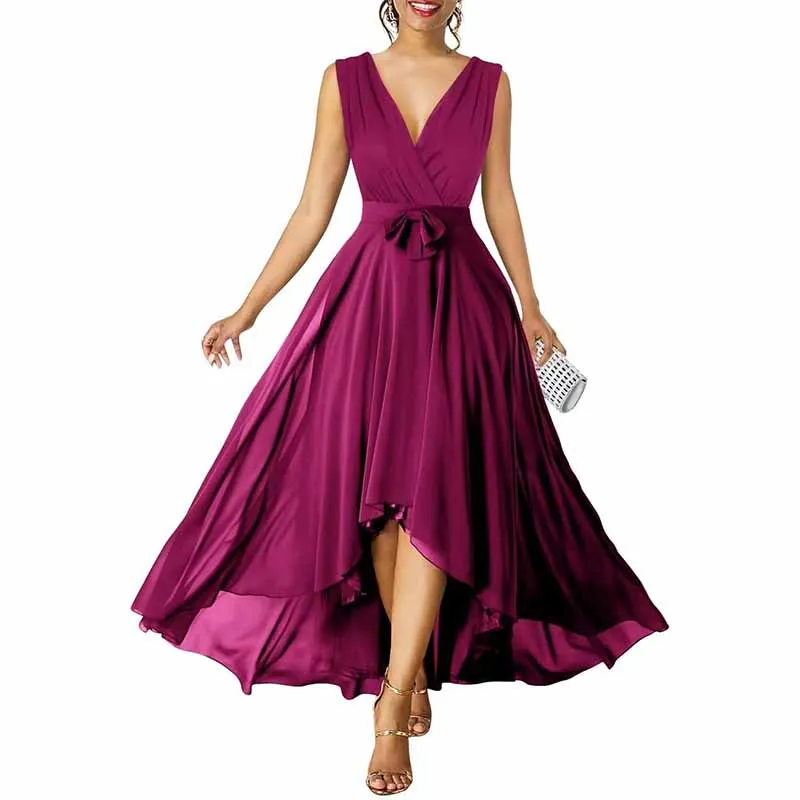 Women Chiffon Bridesmaid Dresses V Neck High Low Prom Evening Gown