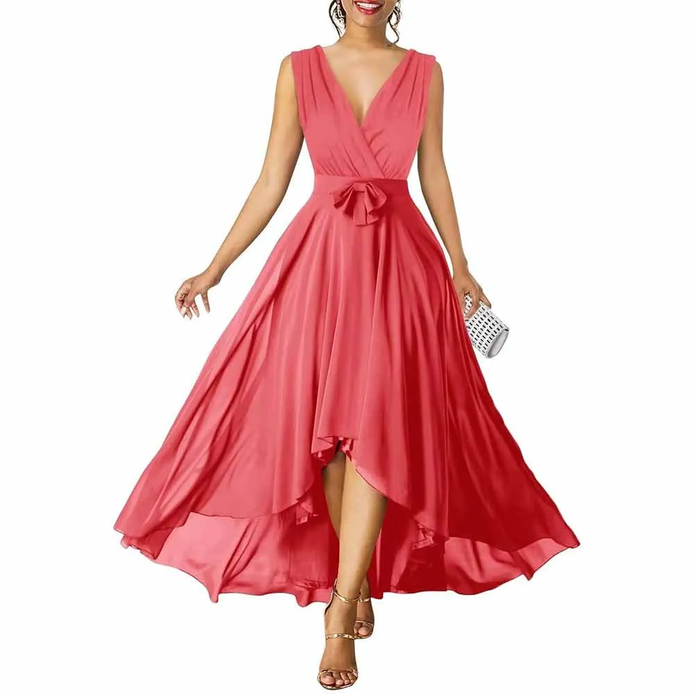 Women Chiffon Bridesmaid Dresses V Neck High Low Prom Evening Gown