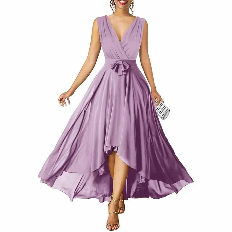 Women Chiffon Bridesmaid Dresses V Neck High Low Prom Evening Gown