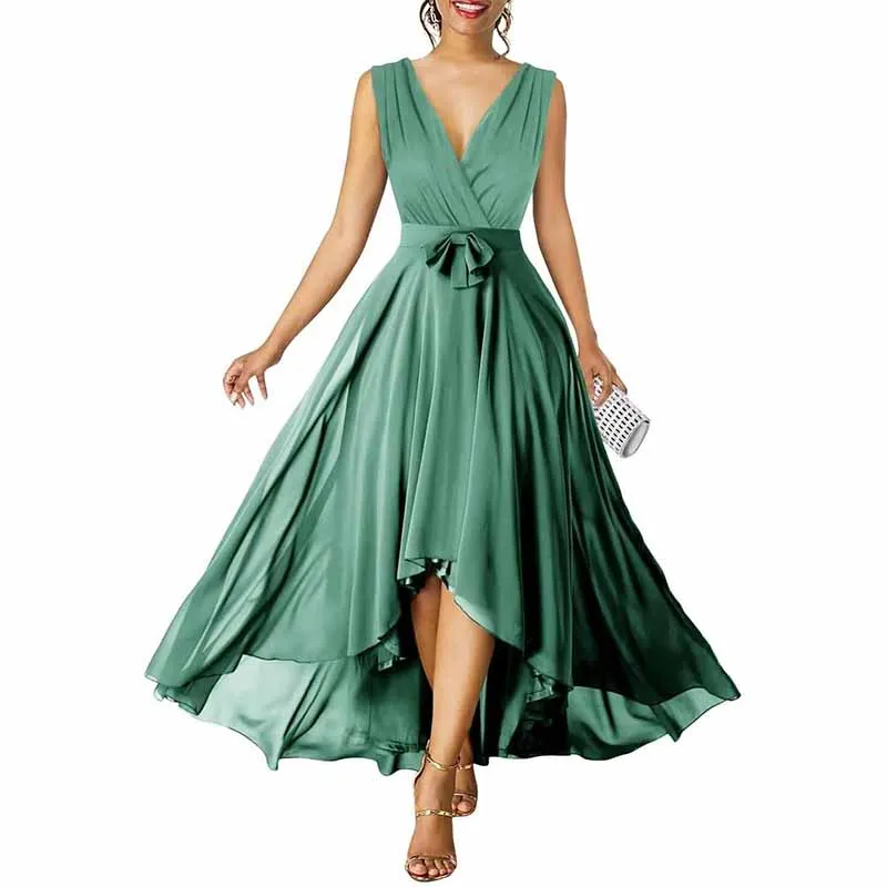 Women Chiffon Bridesmaid Dresses V Neck High Low Prom Evening Gown