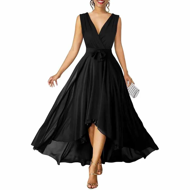 Women Chiffon Bridesmaid Dresses V Neck High Low Prom Evening Gown