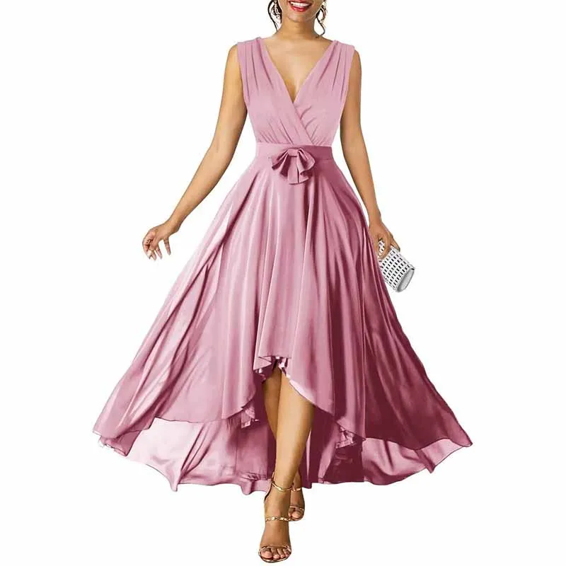 Women Chiffon Bridesmaid Dresses V Neck High Low Prom Evening Gown