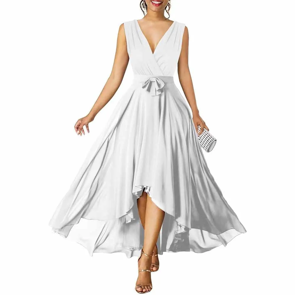 Women Chiffon Bridesmaid Dresses V Neck High Low Prom Evening Gown
