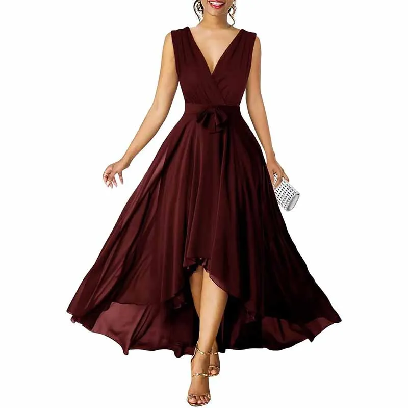 Women Chiffon Bridesmaid Dresses V Neck High Low Prom Evening Gown