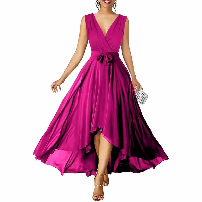 Women Chiffon Bridesmaid Dresses V Neck High Low Prom Evening Gown