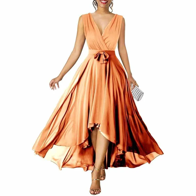 Women Chiffon Bridesmaid Dresses V Neck High Low Prom Evening Gown