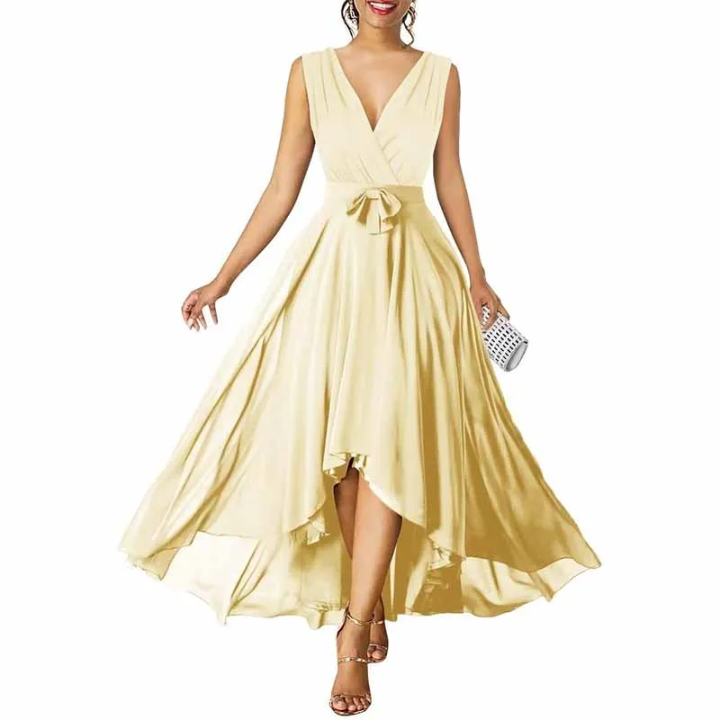 Women Chiffon Bridesmaid Dresses V Neck High Low Prom Evening Gown