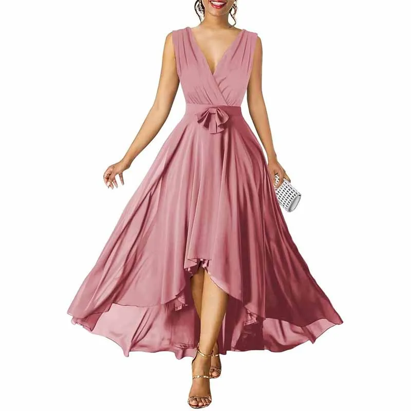 Women Chiffon Bridesmaid Dresses V Neck High Low Prom Evening Gown