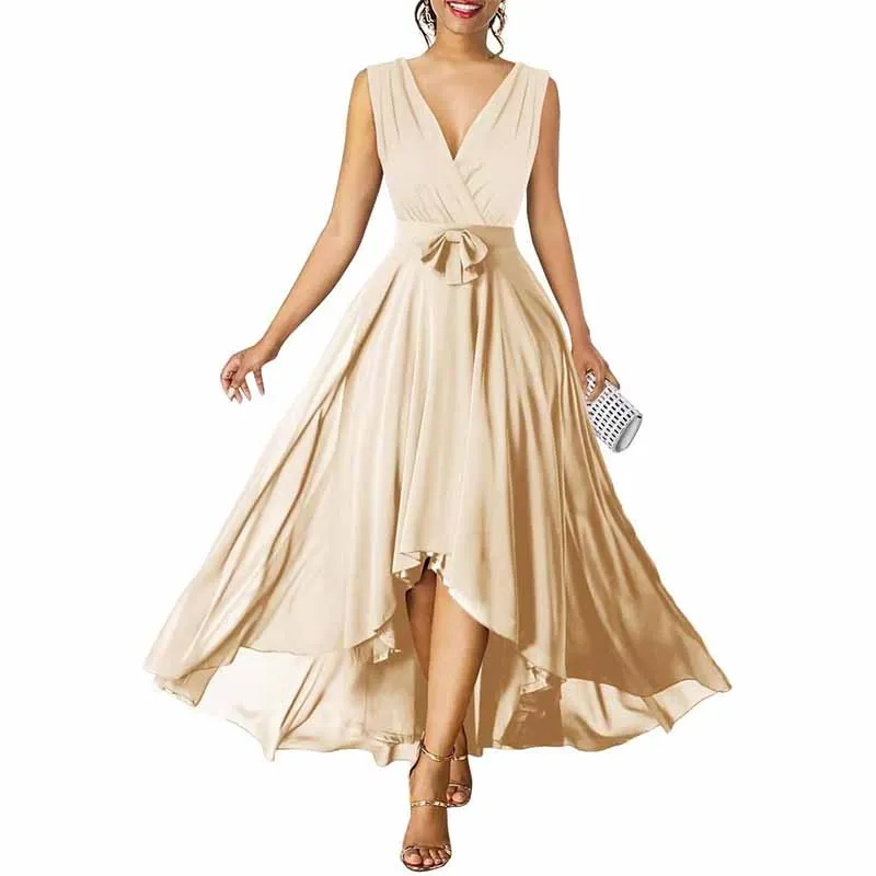 Women Chiffon Bridesmaid Dresses V Neck High Low Prom Evening Gown