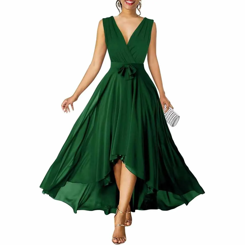 Women Chiffon Bridesmaid Dresses V Neck High Low Prom Evening Gown