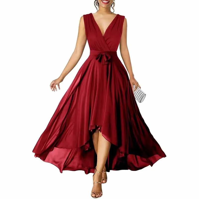 Women Chiffon Bridesmaid Dresses V Neck High Low Prom Evening Gown