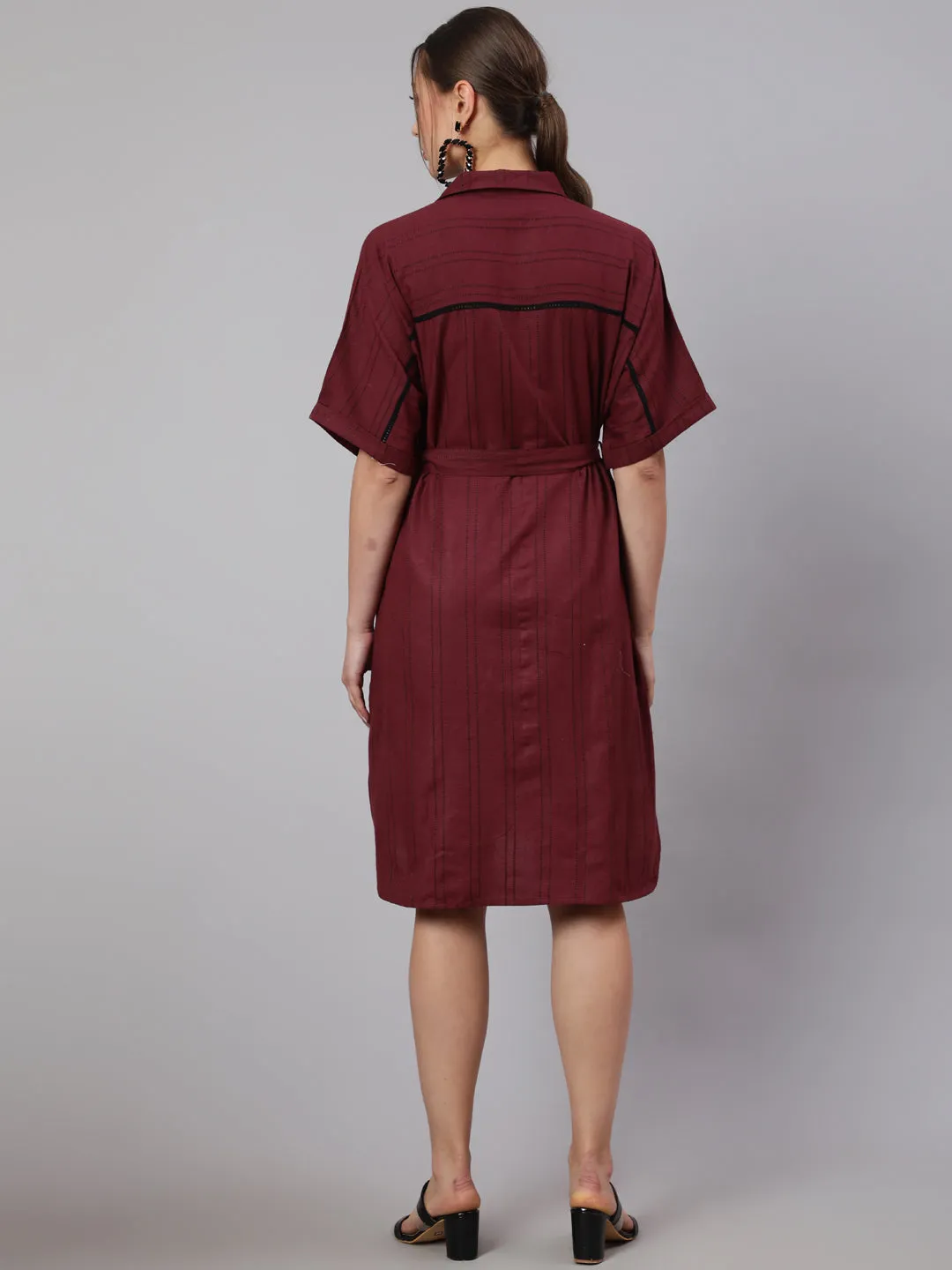Women Maroon Self Weaved Shirt Collar Dress