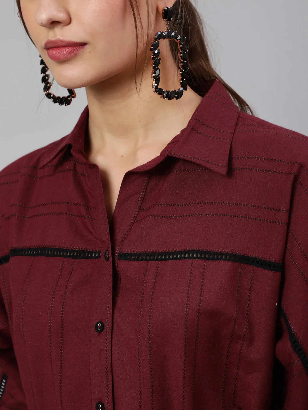 Women Maroon Self Weaved Shirt Collar Dress