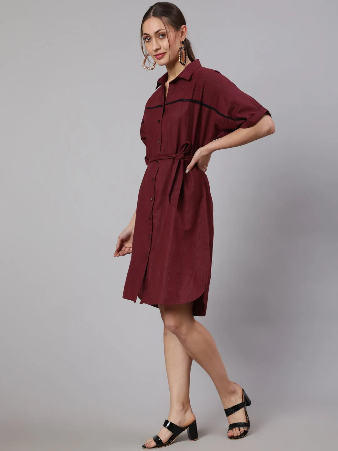Women Maroon Self Weaved Shirt Collar Dress