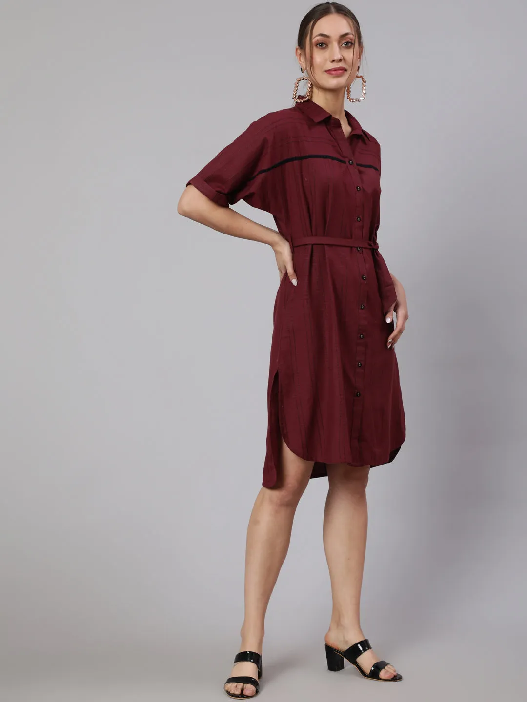 Women Maroon Self Weaved Shirt Collar Dress