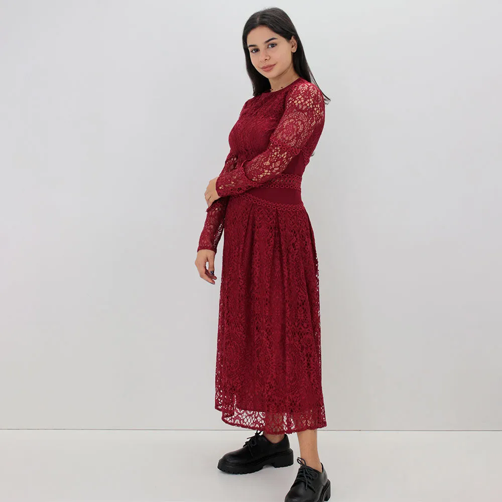 Women's All Over Lace Dress,Burgundy