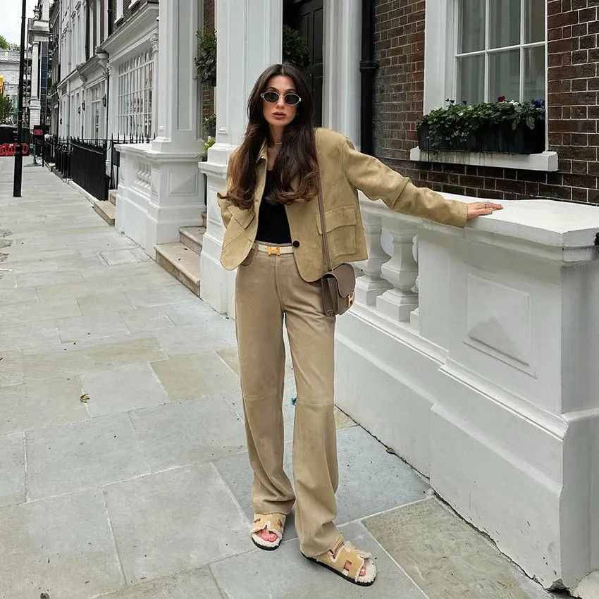 Women's Brown Suede Blazer - Fashionable Versatile Lapel Design