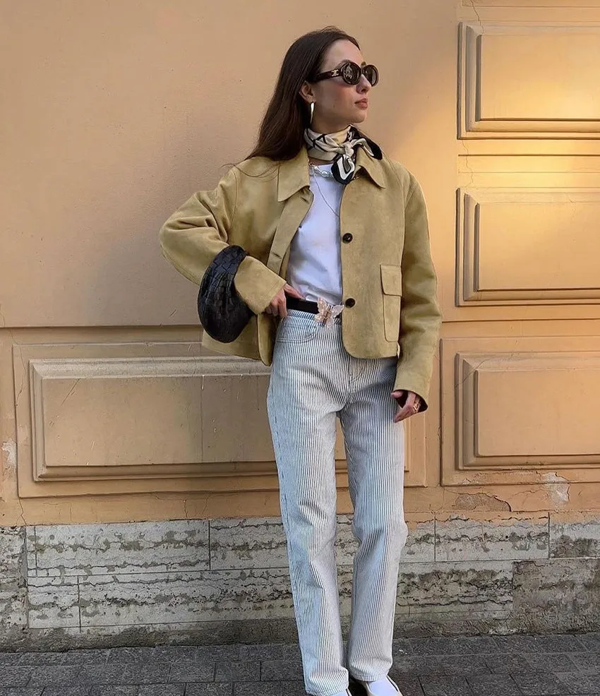 Women's Brown Suede Blazer - Fashionable Versatile Lapel Design