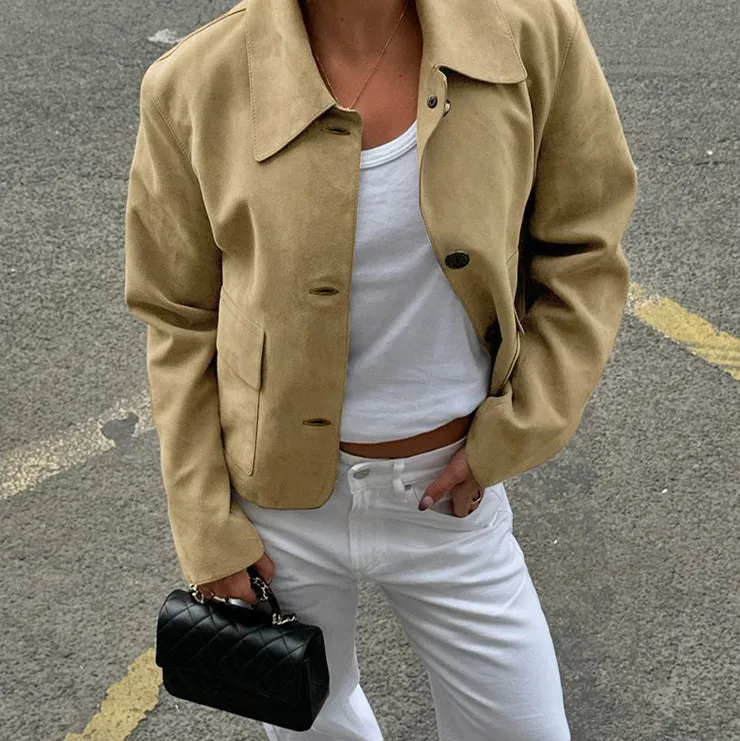 Women's Brown Suede Blazer - Fashionable Versatile Lapel Design