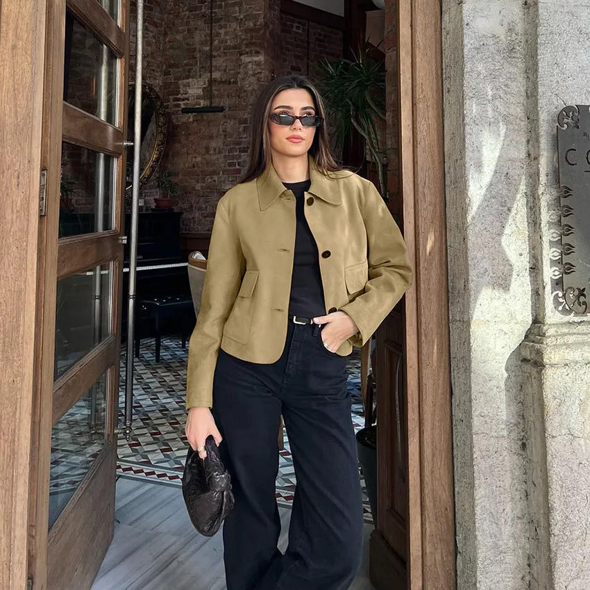 Women's Brown Suede Blazer - Fashionable Versatile Lapel Design