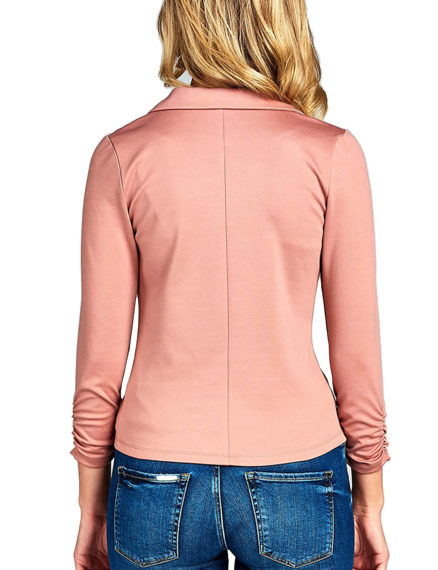 Womens Classic 3/4 Shirring Sleeve Solid Color Casual Blazer