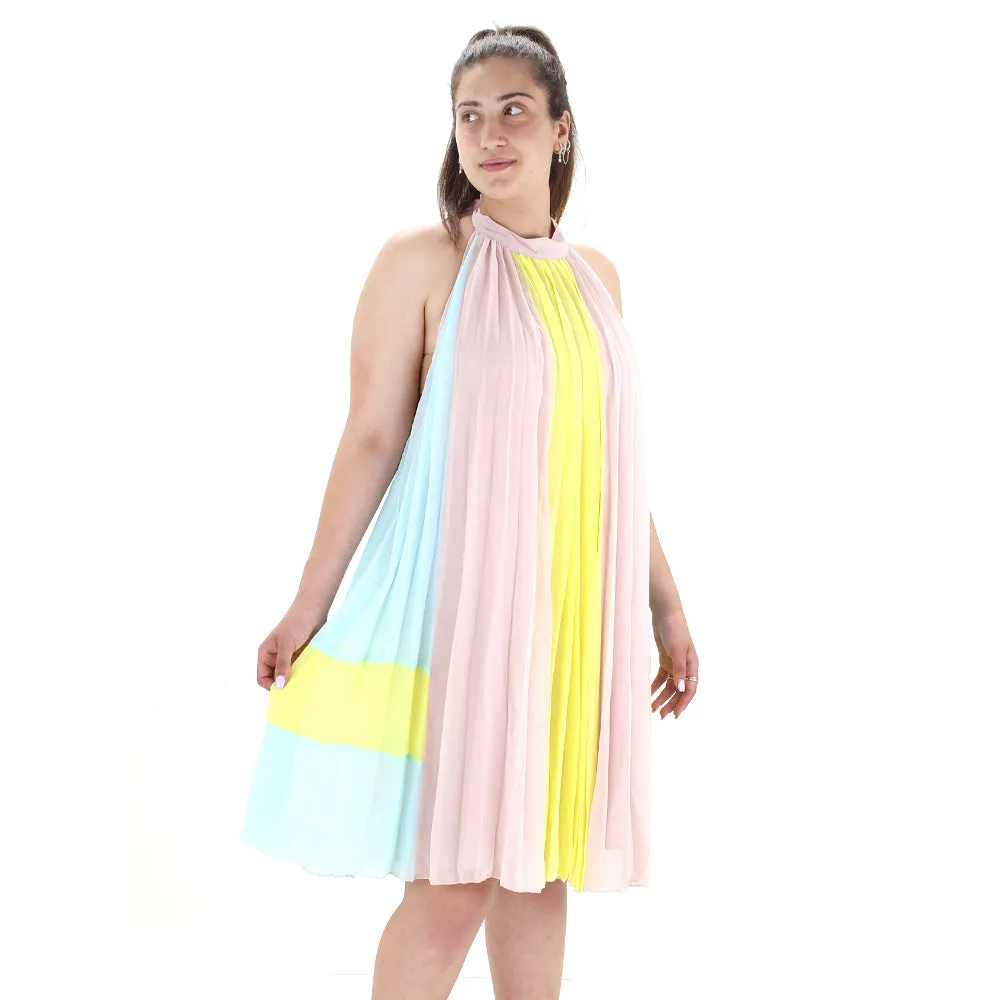 Women's Halter Neck Color Blocks Dress,Multi