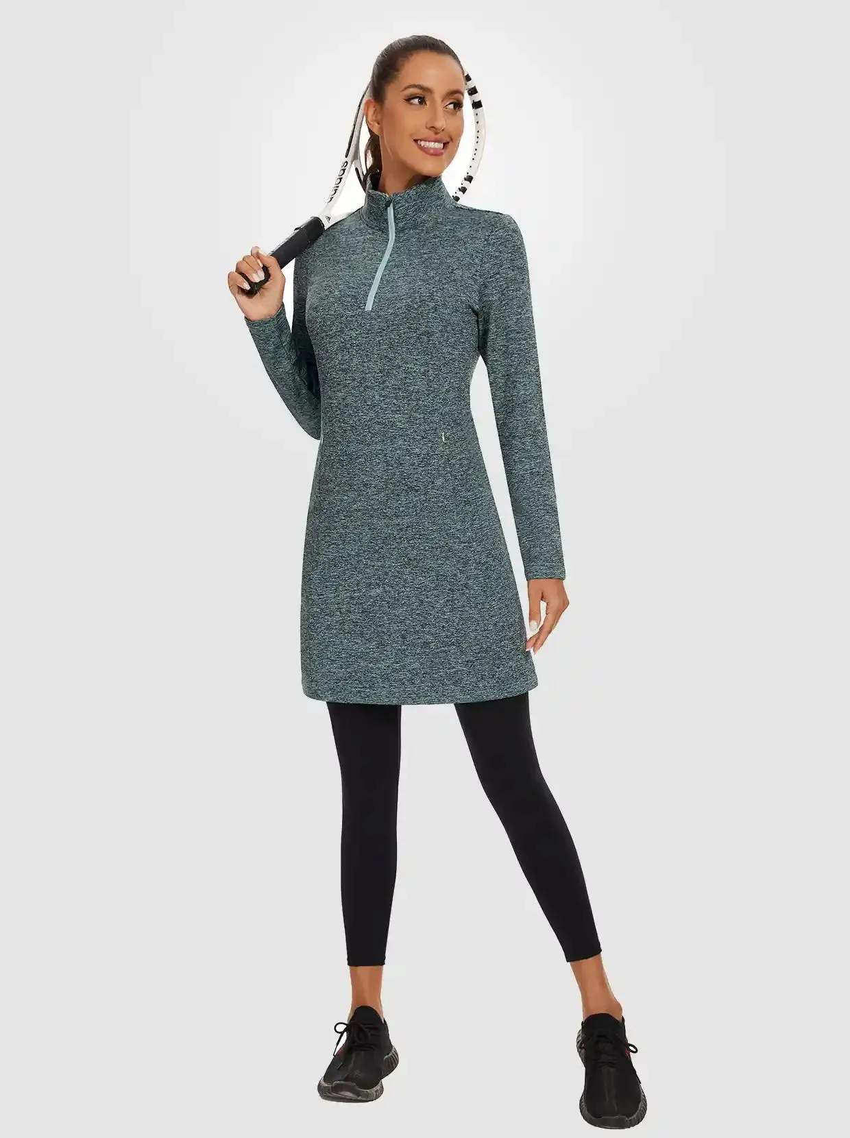 Women's Quarter-zip Long-sleeve Fleece Dress with Pockets