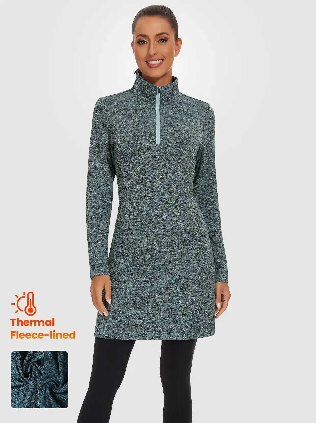 Women's Quarter-zip Long-sleeve Fleece Dress with Pockets