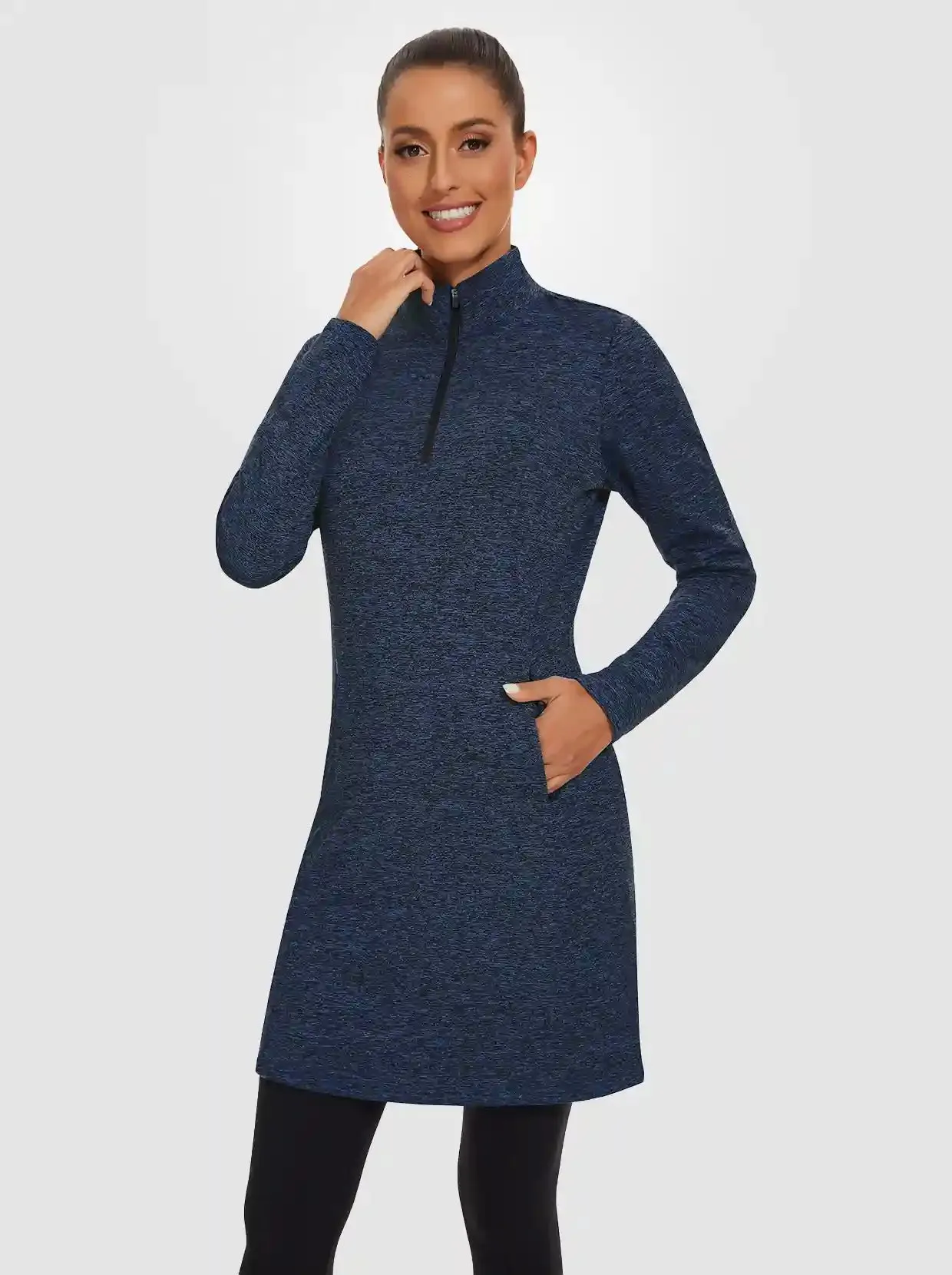 Women's Quarter-zip Long-sleeve Fleece Dress with Pockets