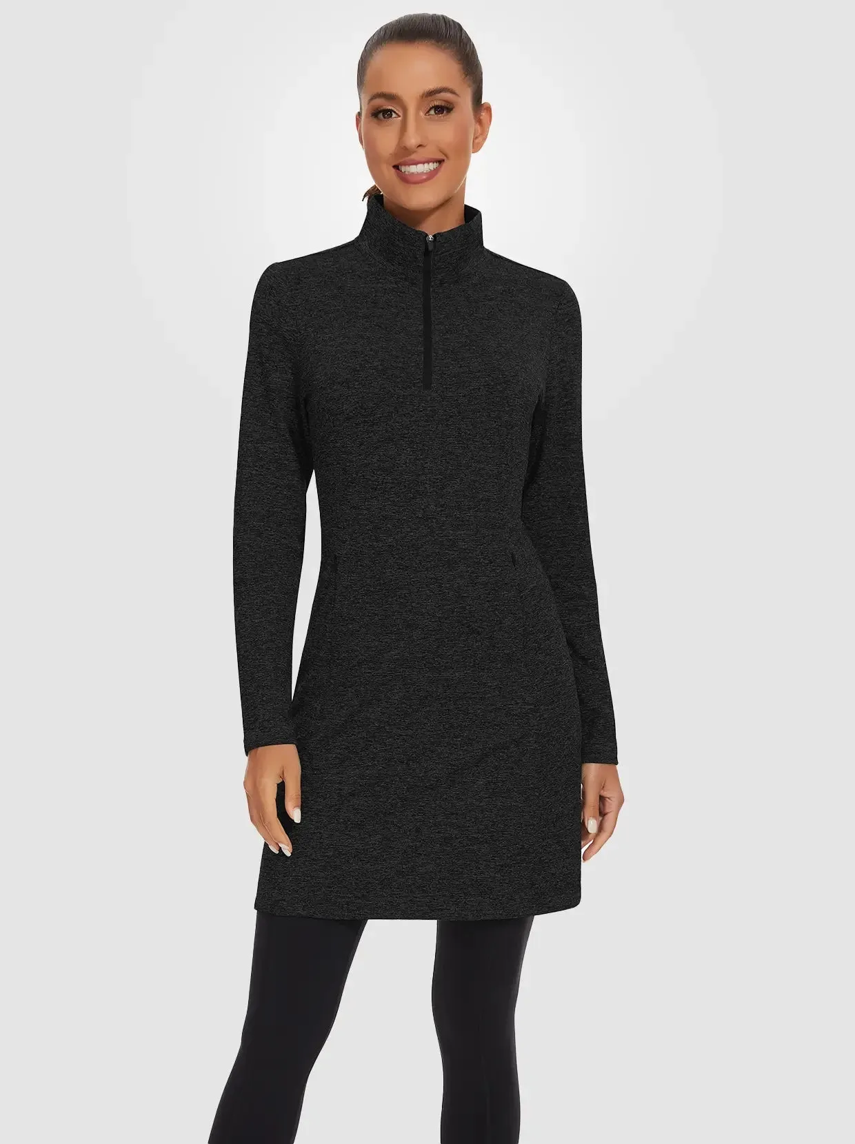 Women's Quarter-zip Long-sleeve Fleece Dress with Pockets