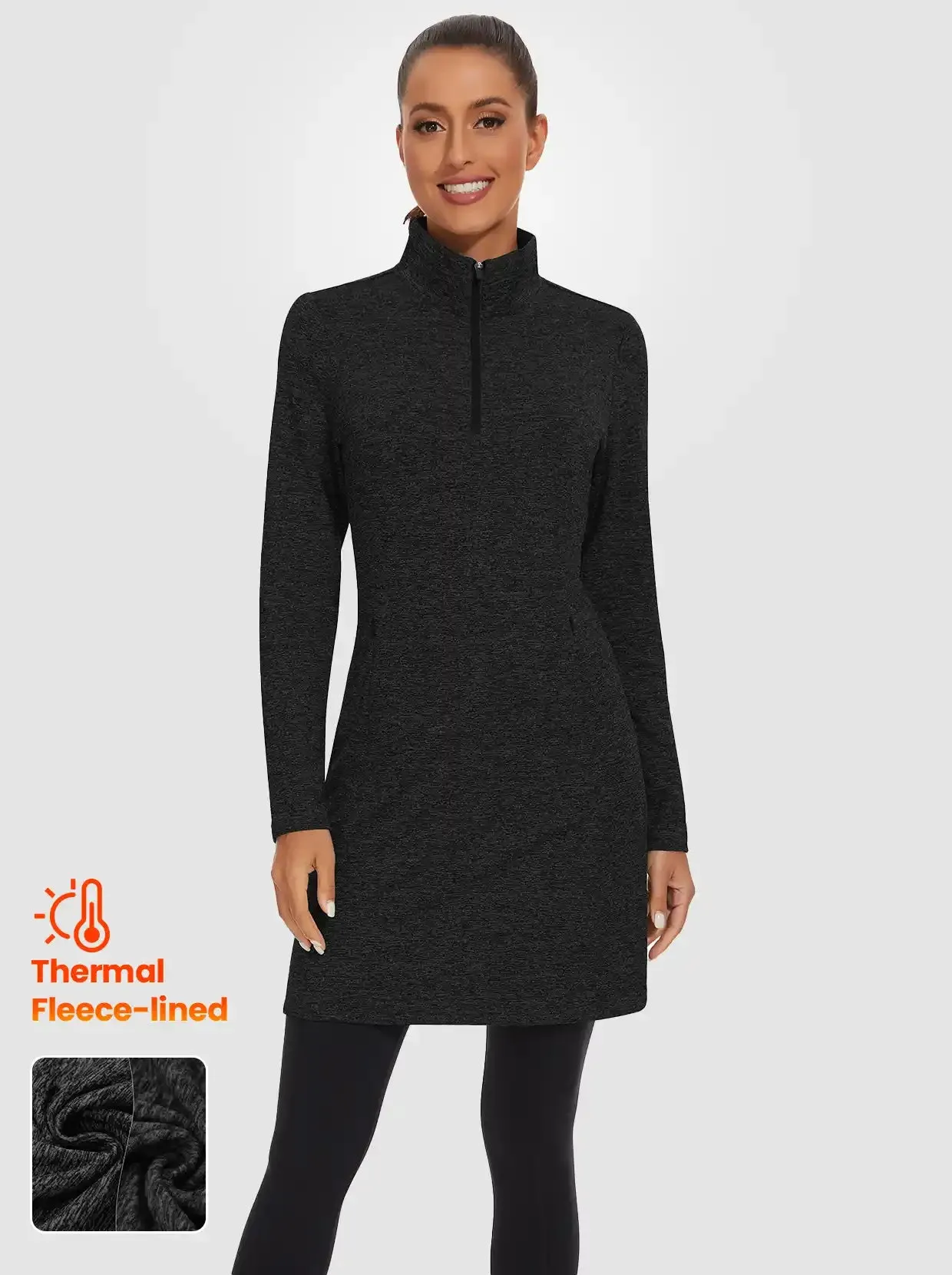 Women's Quarter-zip Long-sleeve Fleece Dress with Pockets