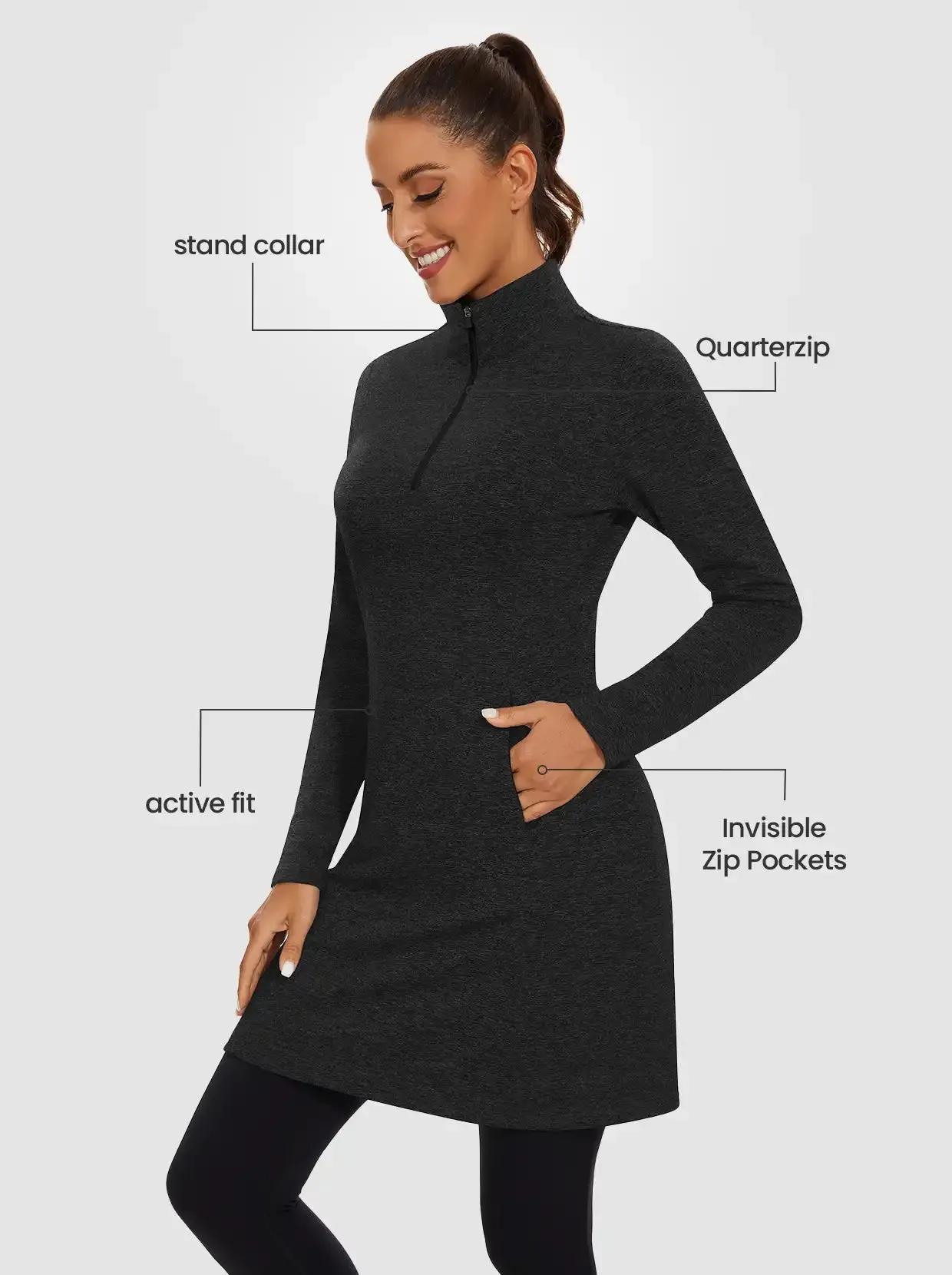 Women's Quarter-zip Long-sleeve Fleece Dress with Pockets